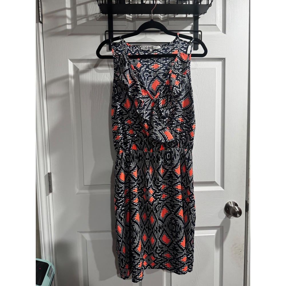 Collective Concepts Navy Neon Coral Geometric Tribal Ruffle V-Neck Dress Large